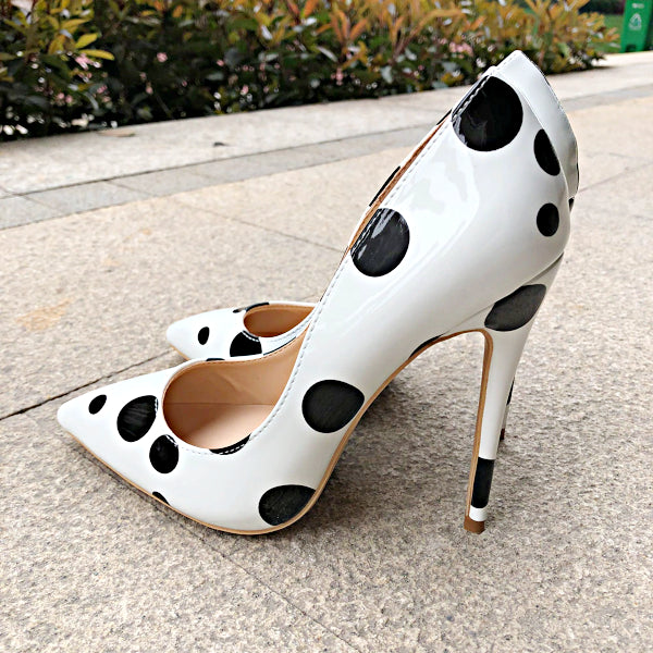 Polka Dot Print High Heels Pumps - White - 8cm Heel / 4